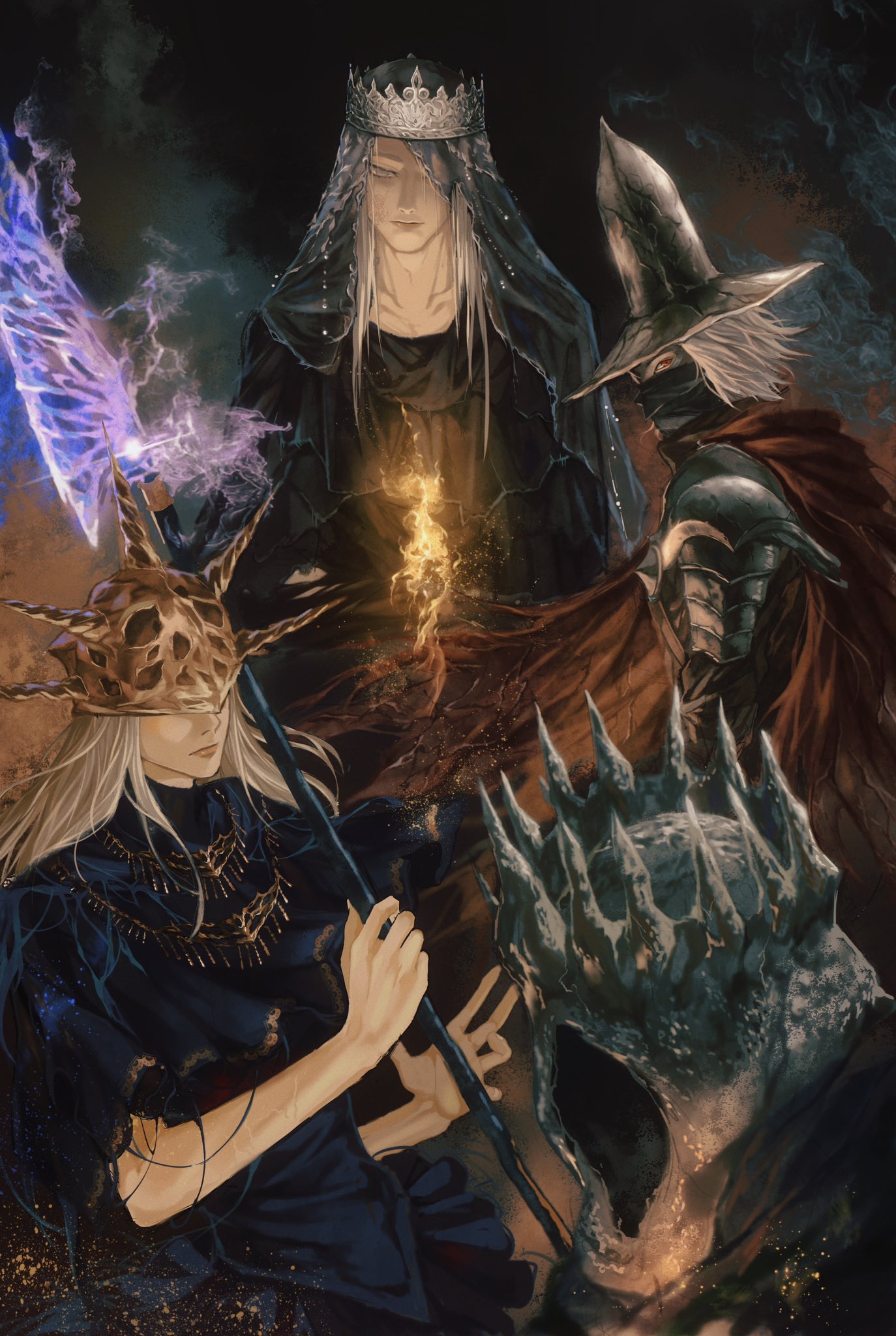 4boys abyss_watcher aldrich_devourer_of_gods black_dress cape closed_mouth covered_eyes crown dark_souls_(series) dark_souls_iii dark_sun_gwyndolin dress fire from_side grey_hair helm helmet highres holding holding_weapon long_hair looking_at_viewer lothric_(younger_prince) magic male_focus mask mouth_mask multicolored_background multiple_boys otoko_no_ko red_cape short_hair shoulder_plates spiked_helmet veil weapon yhorm_the_giant yujia0412