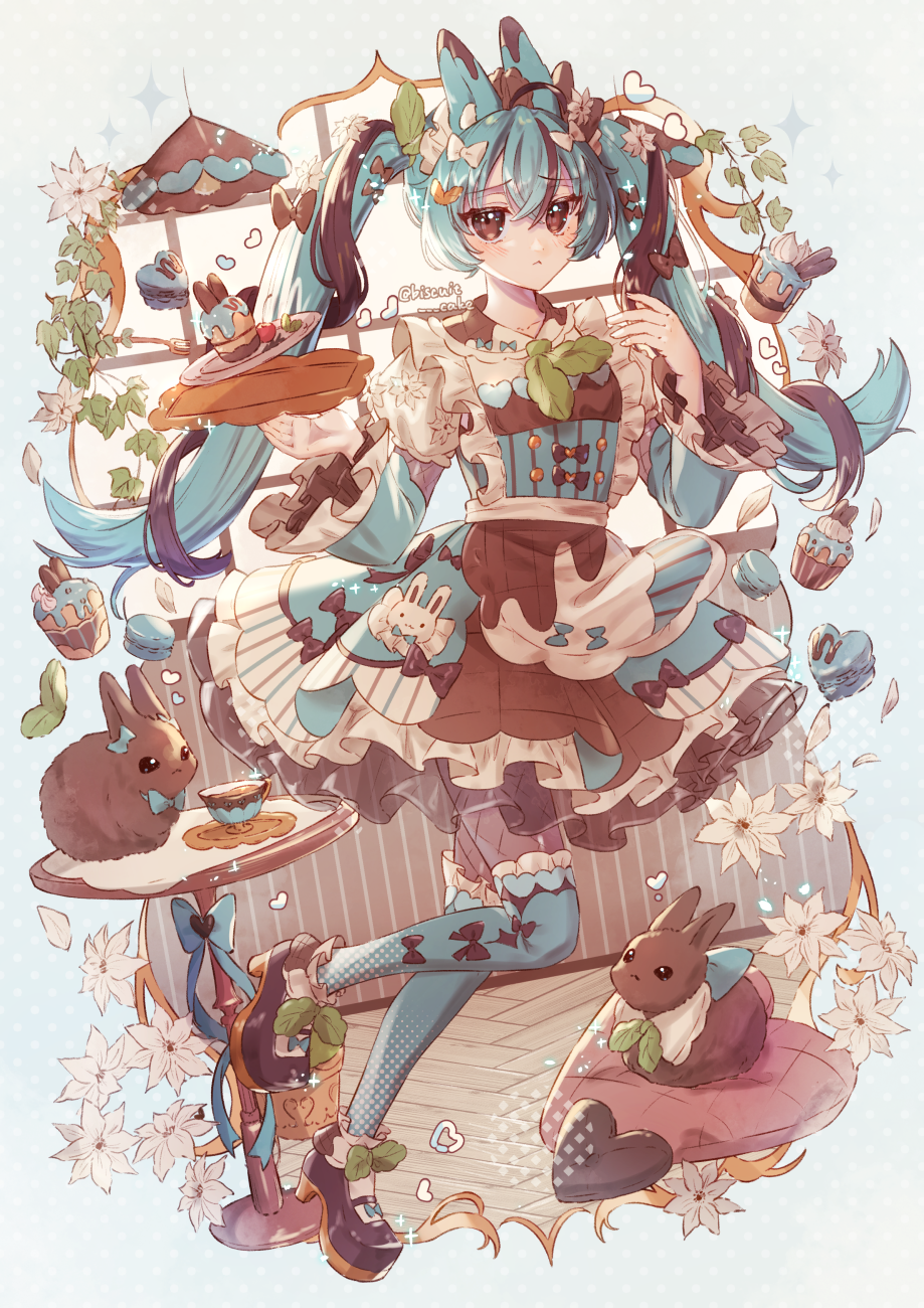 1girl :&lt; ahoge animal_ears apron basketweave blue_bow blue_dress blue_hair blue_socks border bow brown_bow brown_dress brown_eyes brown_footwear brown_hair cafe cake candy chocolate commentary crossed_bangs cup cupcake cushion dress dress_bow falling_petals fishnet_pantyhose fishnets flower food food-themed_clothes frilled_dress frilled_sleeves frilled_socks frills full_body green_neckerchief hair_between_eyes hair_bow hair_flower hair_ornament hands_up hanging_light heart heart-shaped_chocolate heart-shaped_food heart_print high_heels highres holding holding_tray indoors juliet_sleeves leaf_hair_ornament long_hair long_sleeves macaron maid_apron maid_headdress medium_dress mint mint_chocolate multicolored_clothes multicolored_dress multicolored_hair neckerchief original outside_border over-kneehighs pantyhose petals plant plate pleated_dress puffy_sleeves pumps rabbit_ears rabbit_girl saucer socks standing standing_on_one_leg streaked_hair striped striped_dress symbol-only_commentary table tea teacup thighhighs tray tsukumi_bis twintails two-tone_hair vines whipped_cream white_border white_bow white_flower white_socks window