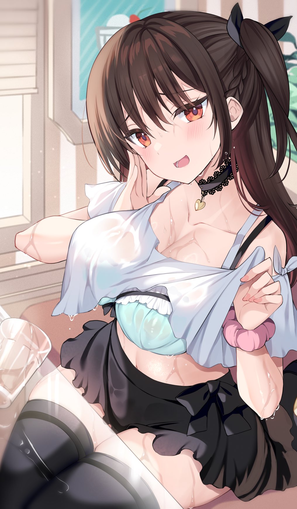 1girl aqua_bra black_choker black_skirt black_thighhighs blush bra bra_visible_through_clothes breasts brown_hair choker cleavage clothes_lift commentary_request hair_ornament highres indoors large_breasts lifted_by_self looking_at_viewer off_shoulder original red_eyes sanshoku_amido scrunchie see-through see-through_shirt shirt sitting skirt smile thighhighs underwear wet wet_clothes wet_shirt white_shirt wrist_scrunchie