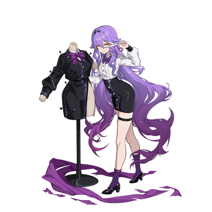 1girl full_body holding holding_scissors honkai_(series) honkai_impact_3rd long_hair mannequin official_art purple_hair purple_socks scissors sirin sirin_(miracle_magical_girl) socks symbol-shaped_pupils thigh_strap third-party_source transparent_background yellow_eyes