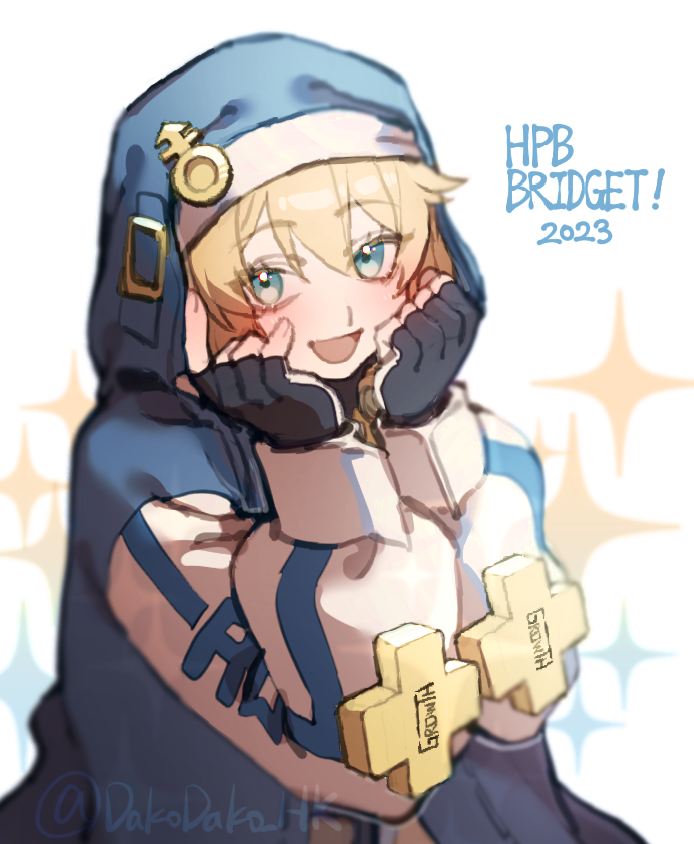 1boy androgyne_symbol blonde_hair blush bridget_(guilty_gear) fingerless_gloves gloves green_eyes guilty_gear guilty_gear_strive habit happy_birthday hood hood_up hooded_jacket hoodie jacket ko_jira long_sleeves looking_at_viewer male_focus medium_hair open_clothes open_hoodie open_mouth otoko_no_ko puffy_long_sleeves puffy_sleeves smile