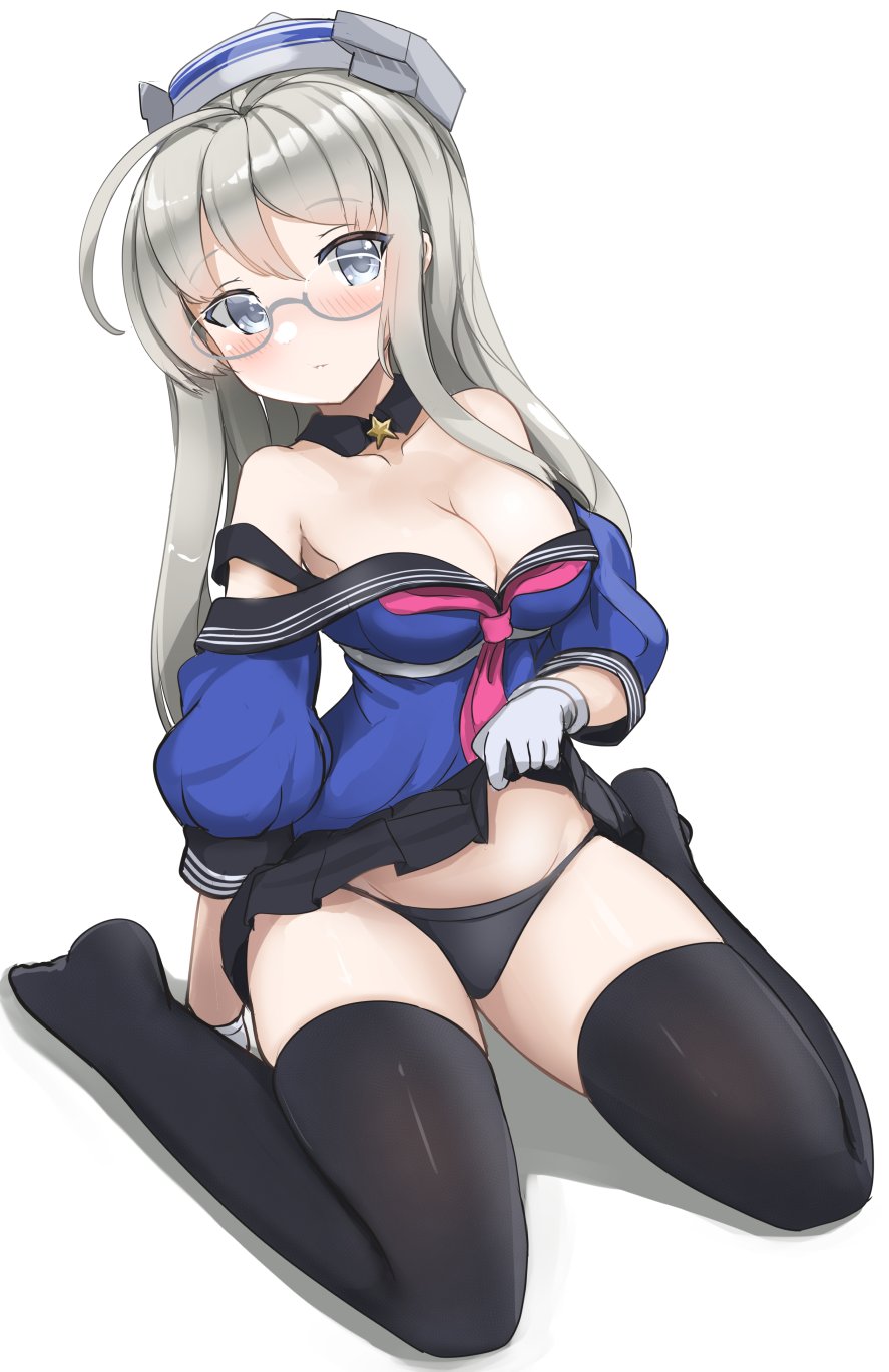 1girl ahoge aqua-framed_eyewear asymmetrical_sidelocks black_sailor_collar black_thighhighs blue_eyes breasts cleavage glasses gloves grey_hair hat heywood_l._edwards_(kancolle) highres kantai_collection lifted_by_self long_hair long_sleeves looking_at_viewer medium_breasts military_hat neckerchief off-shoulder_shirt off_shoulder pleated_skirt redundant-cat ribbon-trimmed_hairband sailor_collar school_uniform serafuku shirt sitting skirt smile solo thighhighs wariza white_gloves white_headwear