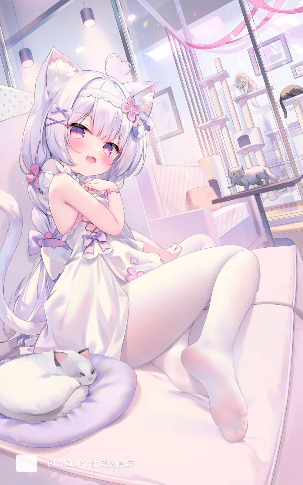 1girl :d ahoge animal_ear_fluff animal_ears bare_arms blush bow bracelet cat cat_ears cat_tail cat_tower chen_bin copyright_request couch dress fang flower full_body hair_bow hair_flower hair_ornament heart heart_ahoge highres indoors jewelry looking_at_viewer no_shoes on_couch pantyhose purple_eyes sitting sleeveless sleeveless_dress smile solo tail white_dress white_pantyhose