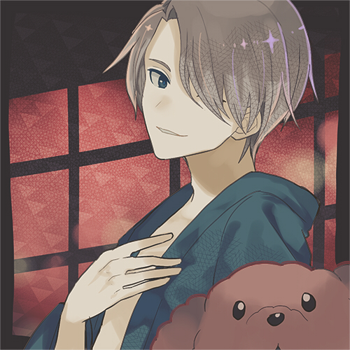 1boy black_background black_eyes blue_eyes blue_robe brown_fur dog grey_hair hair_over_one_eye hand_on_own_chest lowres makkachin male_focus miwasiba multicolored_background one_eye_covered red_background robe smile solo teeth viktor_nikiforov yuri!!!_on_ice