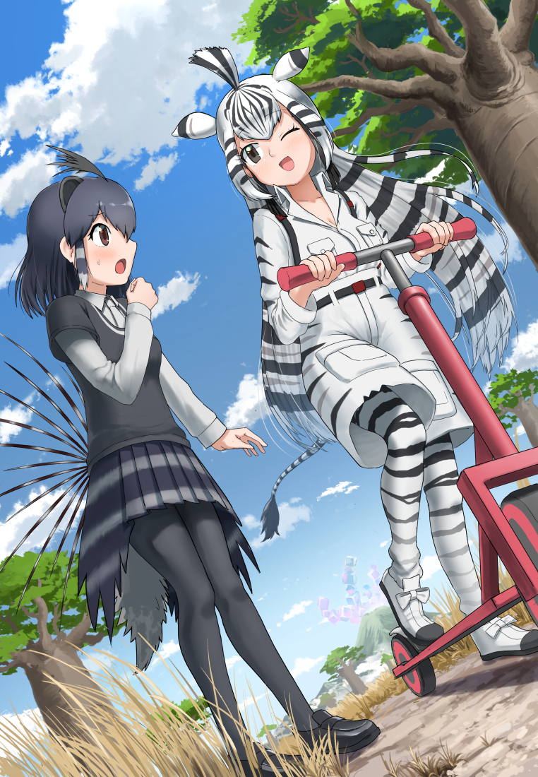 2girls ahoge animal_ears animal_print arm_at_side belt black_hair black_pantyhose breast_pocket breasts brown_eyes cargo_shorts chapman's_zebra_(kemono_friends) cleavage collarbone collared_shirt commentary_request crested_porcupine_(kemono_friends) day dutch_angle extra_ears full_body furrowed_brow grass grey_eyes grey_hair hair_between_eyes hand_up high-waist_shorts kemono_friends kemono_friends_pavilion knees_together_feet_apart layered_sleeves light_blush long_hair long_sleeves looking_at_another medium_hair multicolored_hair multiple_girls necktie one_eye_closed open_mouth outdoors pantyhose pleated_skirt pocket porcupine_ears porcupine_girl print_pantyhose print_shorts print_sleeves sandstar_low savannah shirt shirt_tucked_in shoes short-sleeved_sweater short_over_long_sleeves short_sleeves shorts skirt smile spikes standing striped_hair sweater tail two-tone_hair v-neck very_long_hair volcano white_hair white_shirt wing_collar worried yumeumi_sousaku zebra_ears zebra_girl zebra_print zebra_tail