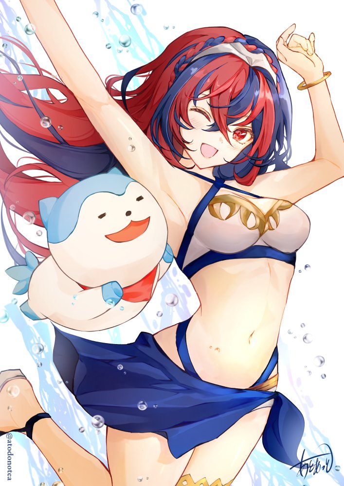 1girl alear_(female)_(fire_emblem) alear_(fire_emblem) alternate_costume armpits arms_up atoatto bandana bikini blue_hair braid breasts criss-cross_halter crown_braid fire_emblem fire_emblem_engage halterneck long_hair looking_at_viewer multicolored_hair navel one_eye_closed open_mouth red_bandana red_eyes red_hair sandals small_breasts smile solo sommie_(fire_emblem) split-color_hair swimsuit tiara white_background white_bikini