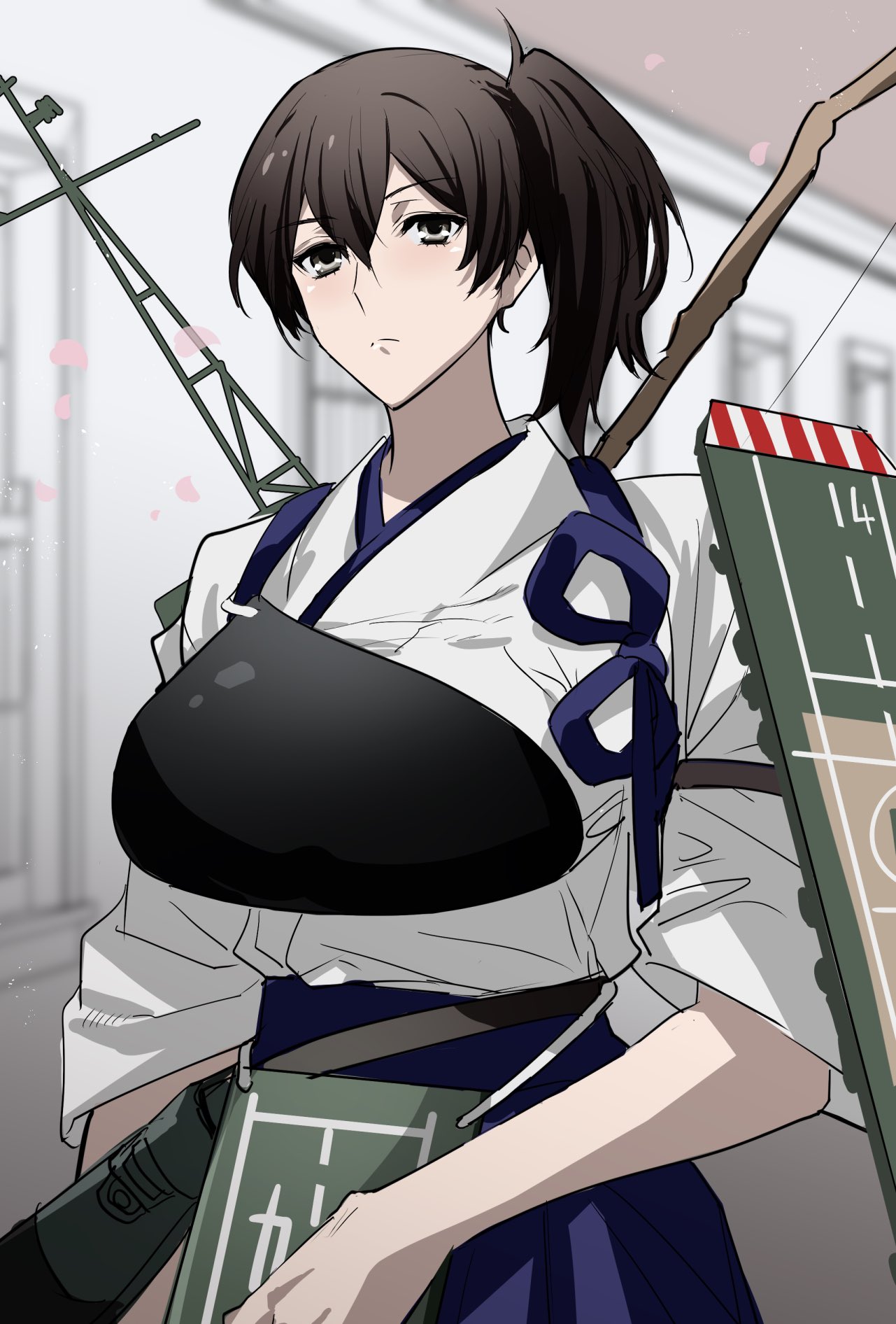 1girl blue_hakama blush bow_(weapon) breasts brown_eyes brown_hair cherry_blossoms closed_mouth flight_deck hakama hakama_skirt highres ichimonme_(ichi) indoors japanese_clothes kaga_(kancolle) kantai_collection large_breasts muneate petals side_ponytail skirt solo tasuki weapon weapon_on_back