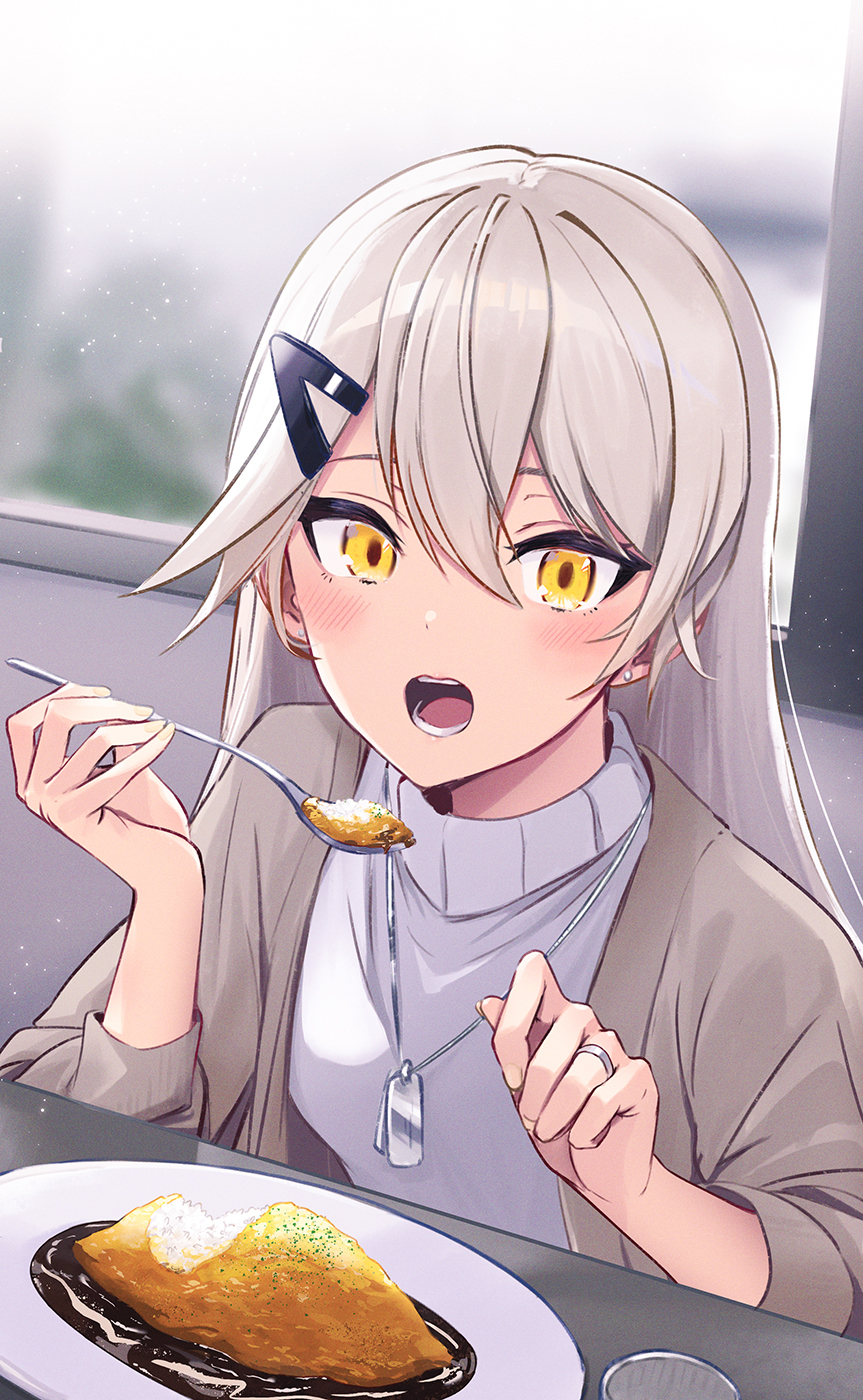 armor blush breastplate brown_cardigan cardigan commentary commentary_request commission cup curry dog_tags dutch_angle earrings eating food girls'_frontline grey_hair hair_between_eyes hair_ornament hairclip highres holding holding_spoon indoors jewelry long_sleeves looking_at_viewer mg4_(girls'_frontline) open_mouth pixiv_commission ranyu shirt spoon stud_earrings upper_body white_shirt yellow_eyes