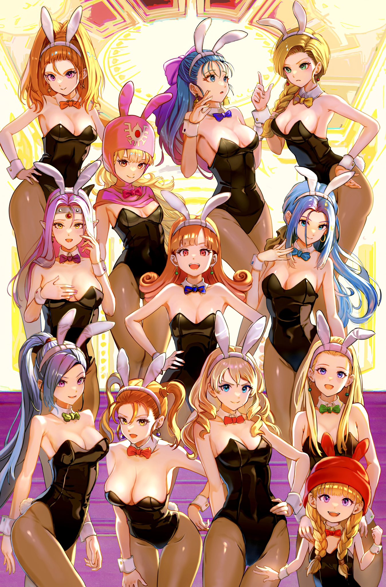 6+girls alena_(dq4) animal_ears anlucea barbara_(dq6) bare_shoulders bent_over bianca_(dq5) black_hair black_leotard blonde_hair blue_bow blue_bowtie blue_eyes blue_hair blunt_bangs bow bowtie braid breasts cleavage closed_mouth collarbone commentary_request cowboy_shot curly_hair detached_collar dragon_quest dragon_quest_ii dragon_quest_iv dragon_quest_ix dragon_quest_v dragon_quest_vi dragon_quest_viii dragon_quest_x dragon_quest_xi earrings estella_(dq10) fake_animal_ears flat_chest flora_(dq5) green_bow green_bowtie green_eyes hair_behind_ear hair_bow hair_over_shoulder hair_pulled_back hairband half_updo hand_on_own_chest hand_on_own_hip hand_up hands_on_another's_shoulders hat headpiece high_ponytail highres hood horns huge_bow index_finger_raised jessica_albert jewelry large_breasts leotard light_blush long_hair looking_at_another looking_at_viewer martina_(dq11) medium_breasts mole mole_under_mouth multiple_girls numao_sub open_mouth orange_bow orange_bowtie orange_eyes orange_hair orange_nails pantyhose parted_bangs parted_lips pink_bow pink_eyes pink_hair pink_headwear pink_hood pink_nails playboy_bunny pointy_ears princess_of_moonbrook purple_bow purple_bowtie purple_eyes rabbit_ears red_bow red_bowtie red_eyes red_headwear ruida senya_(dq11) siblings single_braid sisters small_breasts smile standing swept_bangs twin_braids twins twintails veronica_(dq11) white_hairband wrist_cuffs yellow_bow yellow_bowtie yellow_eyes