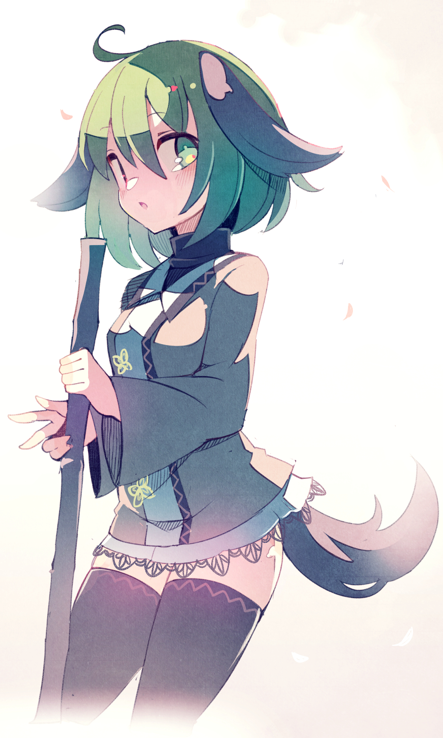 1girl ahoge animal_ears black_thighhighs blush cropped_legs dog_ears dog_tail dress fuukadia_(narcolepsy) gradient_background green_eyes green_hair grey_dress hair_between_eyes highres holding kasodani_kyouko long_sleeves looking_at_viewer parted_lips short_hair solo tail thighhighs touhou
