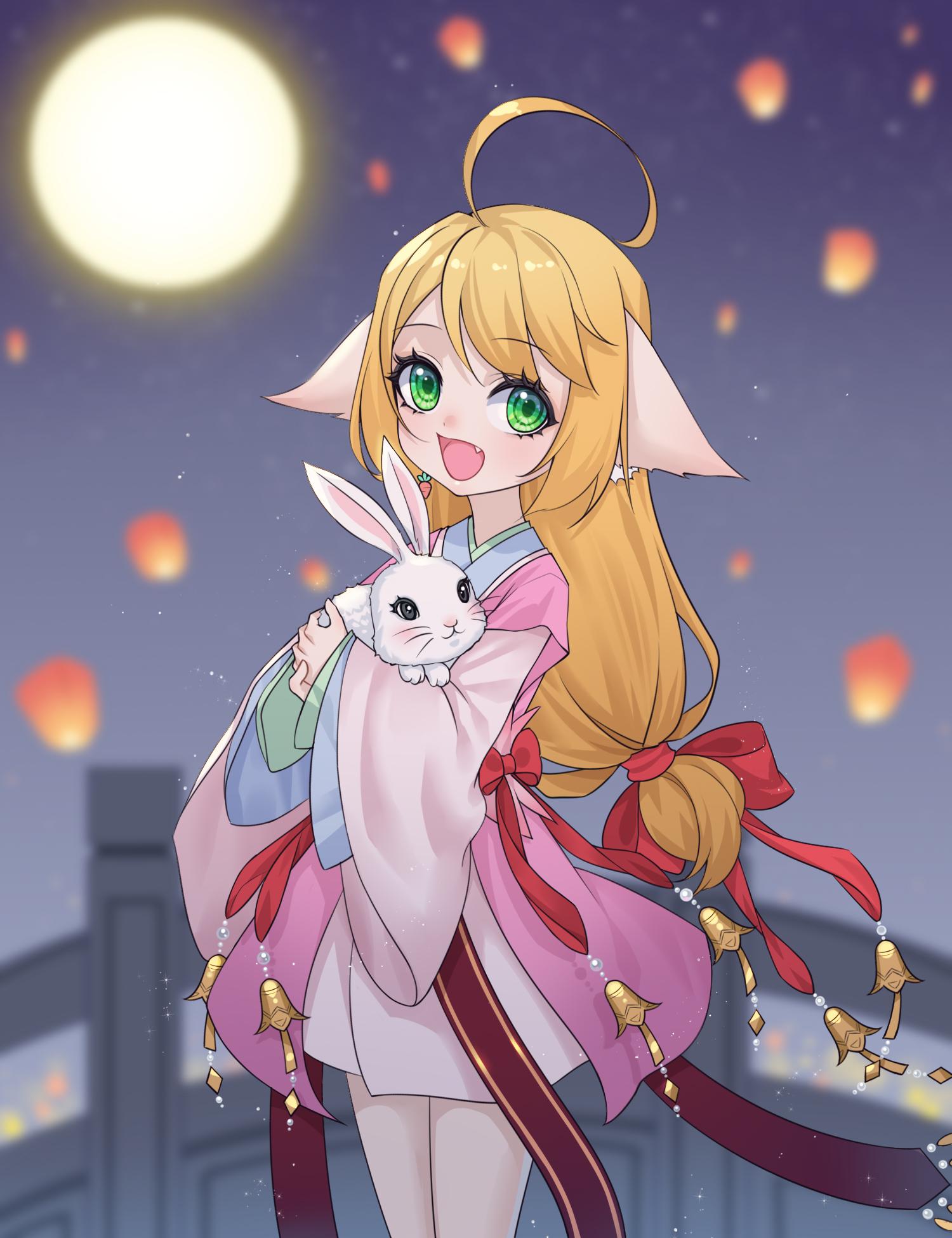 1girl :d ahoge animal animal_ears arch_bridge bell blonde_hair blurry bow chinese_clothes cowboy_shot dress dress_bow ears_down fang fox_ears full_moon green_eyes hair_bow hanfu highres holding holding_animal huyao_xiao_hongniang kumu_zaisheng lantern long_hair long_sleeves looking_at_viewer low-tied_long_hair mid-autumn_festival moon night night_sky outdoors paper_lantern pink_dress rabbit red_bow short_dress sky sky_lantern smile solo swept_bangs tushan_susu very_long_hair wide_sleeves