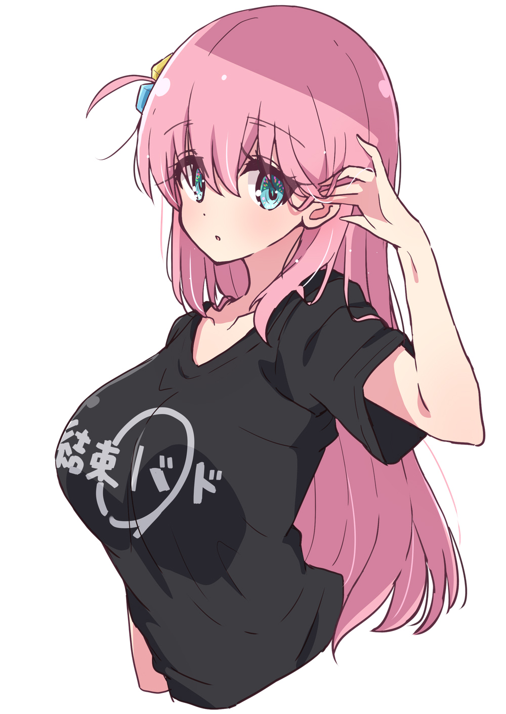 1girl black_shirt blue_eyes blush bocchi_the_rock! breasts clothes_writing collarbone cropped_torso cube_hair_ornament gotou_hitori hair_between_eyes hair_ornament highres large_breasts long_hair looking_at_viewer mel_(melty_pot) one_side_up pink_hair shirt short_sleeves simple_background solo t-shirt white_background