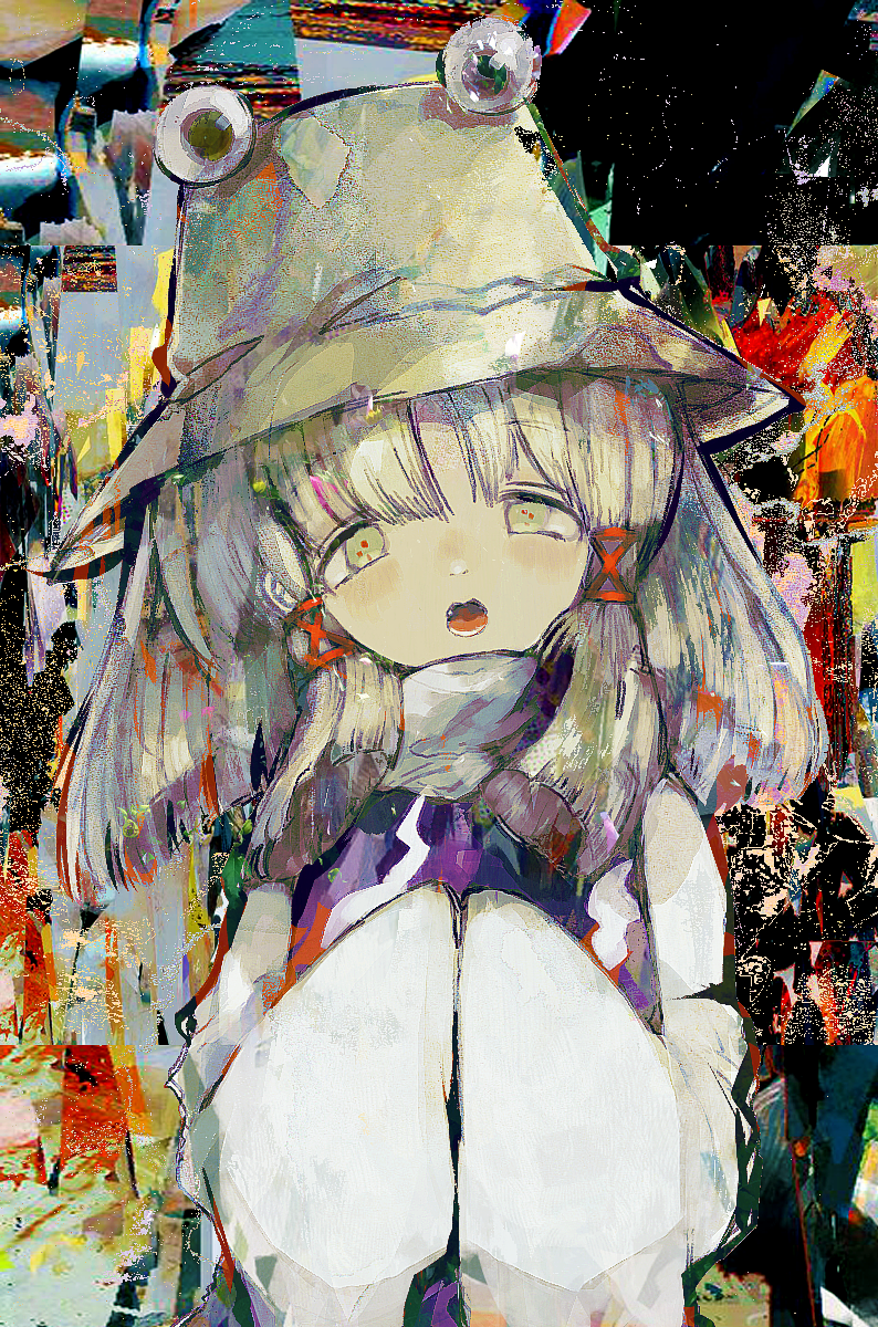 1girl anabone blonde_hair hair_ribbon hat highres long_sleeves looking_at_viewer medium_hair moriya_suwako open_mouth purple_vest red_ribbon ribbon sidelocks solo touhou turtleneck upper_body vest wide_sleeves yellow_eyes