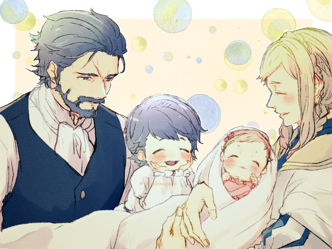 2boys 2girls aged_down alfonse_(fire_emblem) alternate_costume baby blonde_hair blue_eyes blue_hair blue_vest brother_and_sister closed_eyes facial_hair family fire_emblem fire_emblem_heroes gustav_(fire_emblem) hands_on_own_face henriette_(fire_emblem) holding_baby multiple_boys multiple_girls nishimura_(nianiamu) open_mouth parent_and_child sharena_(fire_emblem) short_hair siblings twitter_username vest
