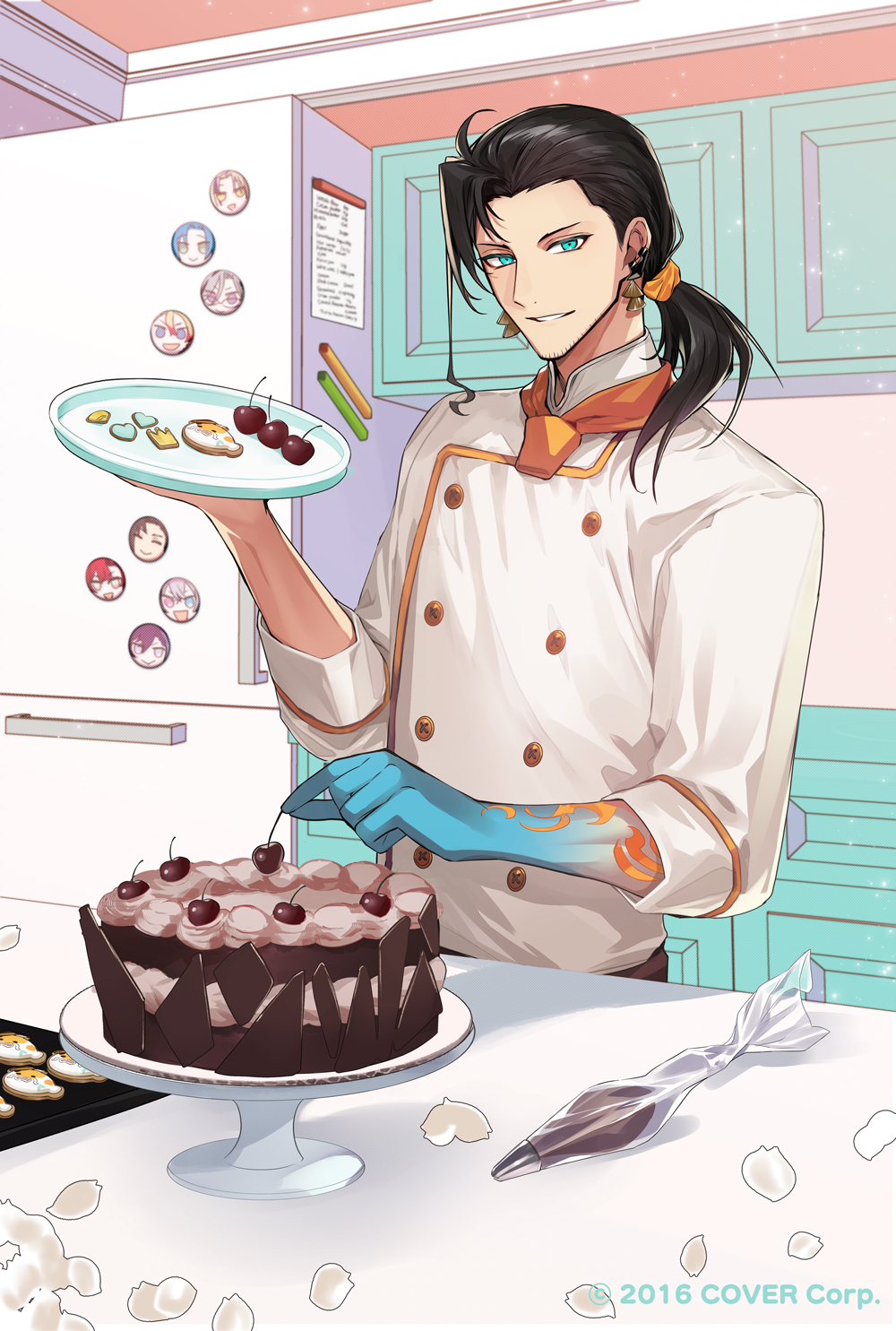 1boy alternate_costume alternate_hairstyle aqua_eyes axel_syrios baking_sheet banzoin_hakka black_hair blue_skin body_markings buttons cabinet cake cake_stand chef cherry chocolate chocolate_cake colored_skin cookie copyright double-breasted earrings english_commentary facial_hair falling_petals food food_art fruit gavis_bettel gradient_skin hair_ornament hair_pulled_back hair_scrunchie highres holding holding_food holding_fruit holding_plate holostars holostars_english jacket jewelry josuiji_shinri kitchen looking_at_viewer low_ponytail machina_x_flayon magnet magni_dezmond male_focus mixed-language_commentary neckerchief nitaka_(fujikichi) noir_vesper official_art orange_neckerchief orange_scrunchie parted_lips pastry_bag petals plate refrigerator refrigerator_magnet regis_altare scrunchie sleeves_rolled_up smile solo stubble table triangle_earrings upper_body virtual_youtuber white_jacket