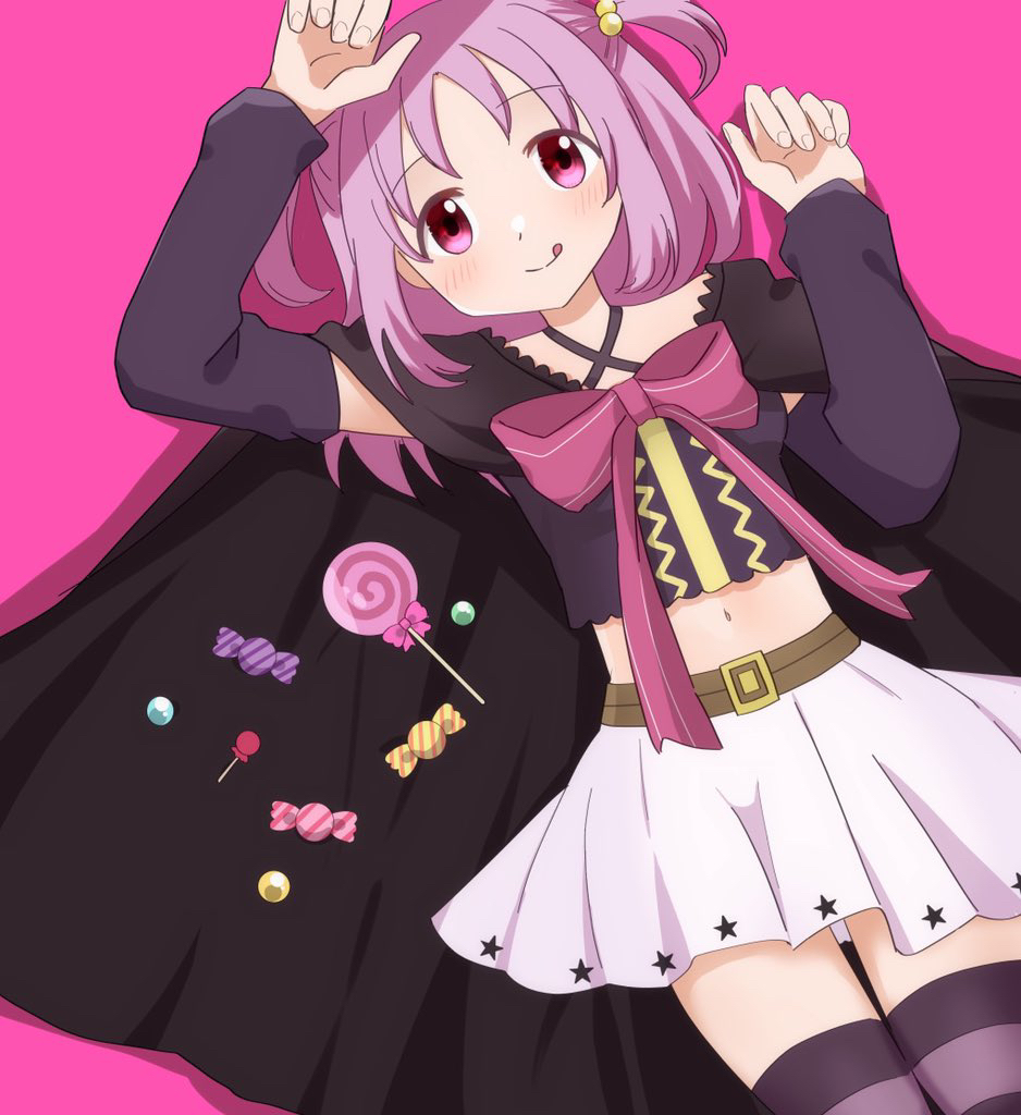 1girl arm_warmers belt black_cape black_shirt blush brown_belt candy cape closed_mouth criss-cross_halter crop_top detached_sleeves food halterneck hand_on_own_head headwear_removed lollipop looking_at_viewer lying magia_record:_mahou_shoujo_madoka_magica_gaiden magical_girl mahou_shoujo_madoka_magica matcha_(sdsk5275) misono_karin navel on_back parted_bangs pink_eyes pink_ribbon pleated_skirt print_skirt purple_hair purple_thighhighs ribbon shirt skirt smile solo star_(symbol) star_print striped striped_thighhighs thighhighs tongue tongue_out two_side_up white_skirt