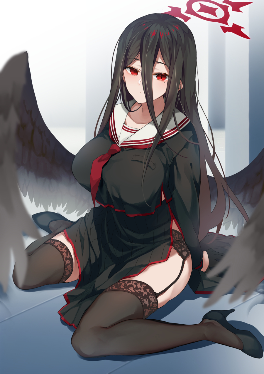 1girl ariko_youichi black_footwear black_gloves black_hair black_serafuku black_thighhighs black_wings blue_archive blush breasts closed_mouth collarbone commentary expressionless feathered_wings garter_belt garter_straps gloves hair_between_eyes halo hasumi_(blue_archive) high_heels highres huge_breasts long_hair long_sleeves looking_at_viewer low_wings mole mole_under_eye necktie red_eyes red_halo red_necktie red_trim sailor_collar school_uniform serafuku side_slit sitting skirt solo thighhighs wariza wings