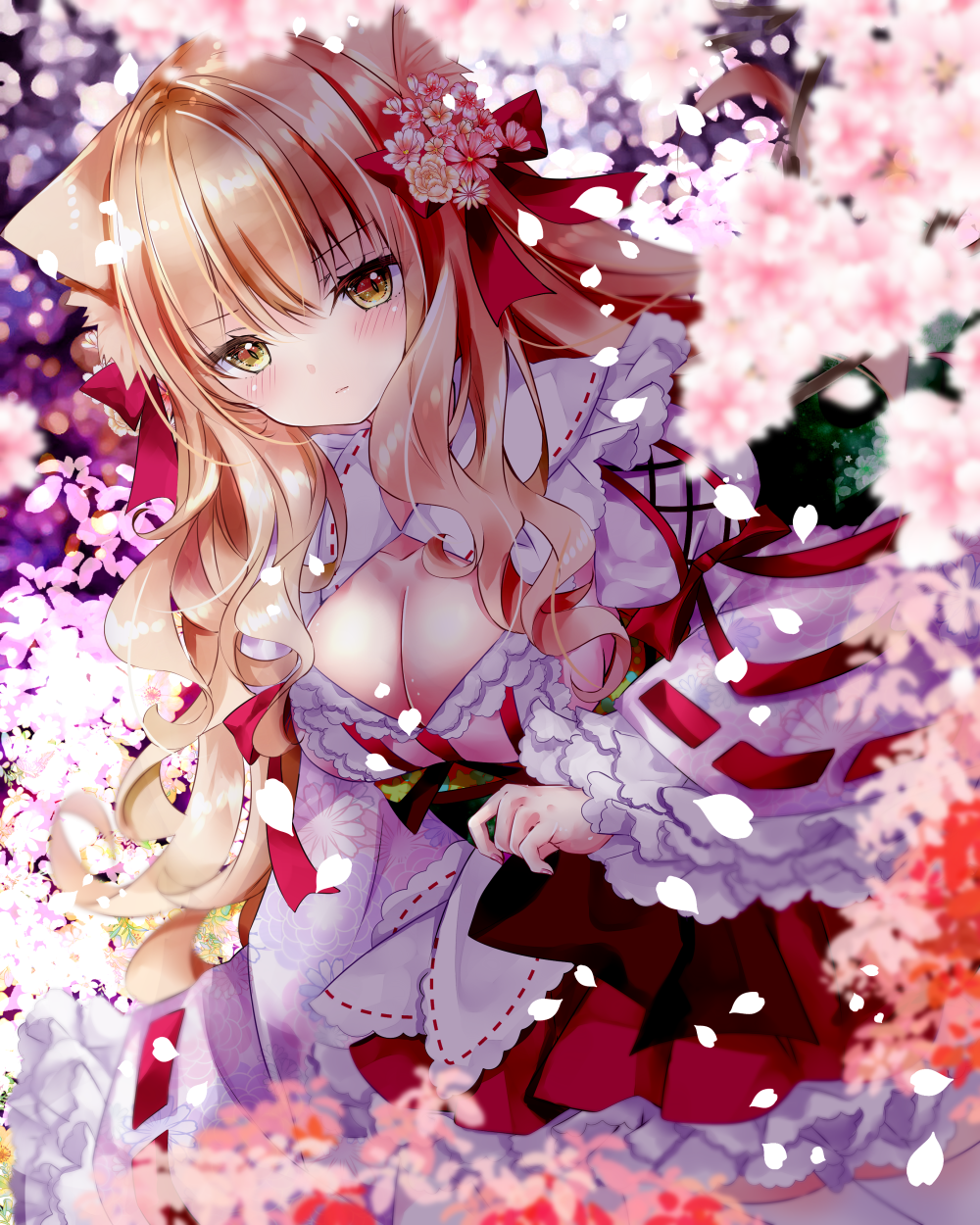 1girl animal_ear_fluff animal_ears blurry blurry_foreground blush breasts cleavage closed_mouth commentary_request depth_of_field flower frilled_skirt frills hair_between_eyes highres light_brown_hair long_sleeves looking_at_viewer medium_breasts nanase_kureha nanase_nao original petals pink_flower pink_shirt pleated_skirt red_skirt ribbon_trim shirt skirt sleeves_past_wrists solo wide_sleeves yellow_eyes