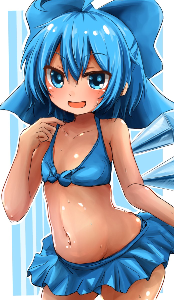 1girl ahoge bikini blue_background blue_bikini blue_bow blue_eyes blue_hair bow cirno commentary cowboy_shot detached_wings groin hair_bow highres ice ice_wings kihuzinz looking_at_viewer midriff navel open_mouth short_hair solo stomach striped striped_background swimsuit tan tanned_cirno touhou wings