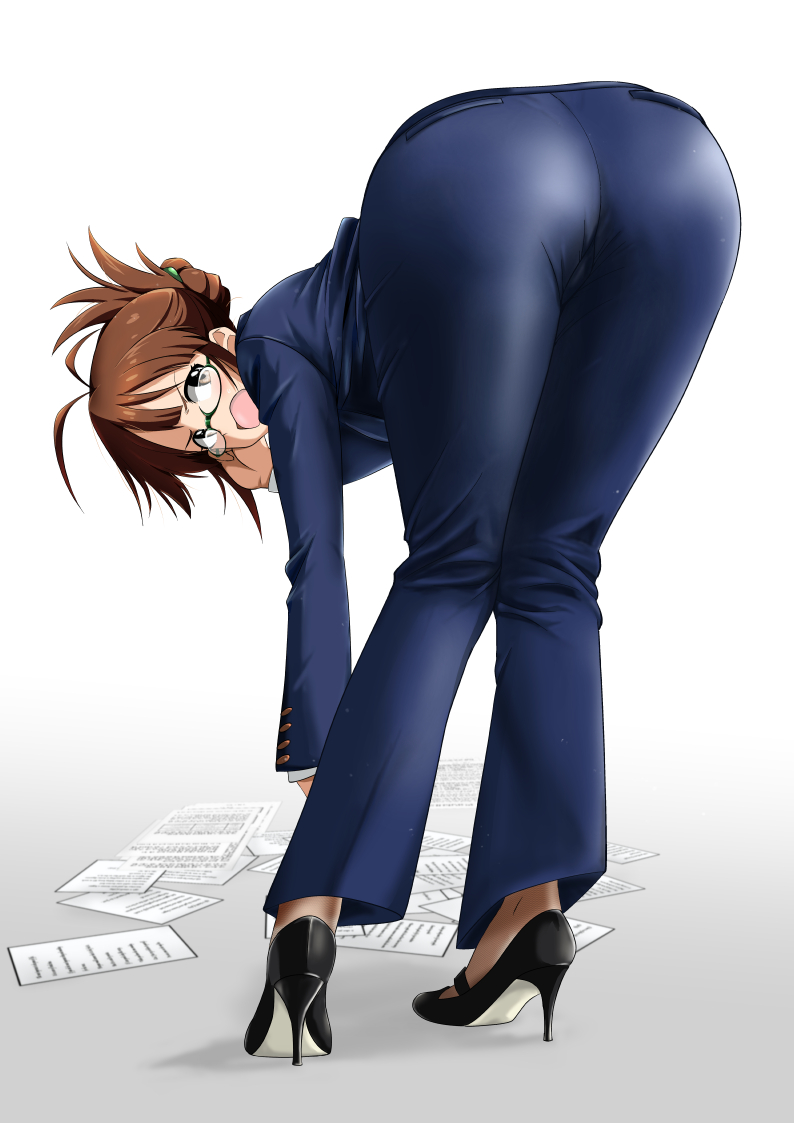 1girl akizuki_ritsuko antenna_hair ass ass_focus black-framed_eyewear black_footwear blue_jacket blue_pants blurry blurry_background blush bow breasts brown_eyes brown_hair dot_nose folded_ponytail formal from_behind glasses gradient_background green_bow grey_background hair_bow hand_up high_heels idolmaster idolmaster_(classic) idolmaster_million_live! idolmaster_million_live!_theater_days jacket large_breasts long_sleeves looking_at_viewer looking_back minpei_ichigo open_mouth pants papers shirt short_hair simple_background solo v-shaped_eyebrows white_background white_shirt