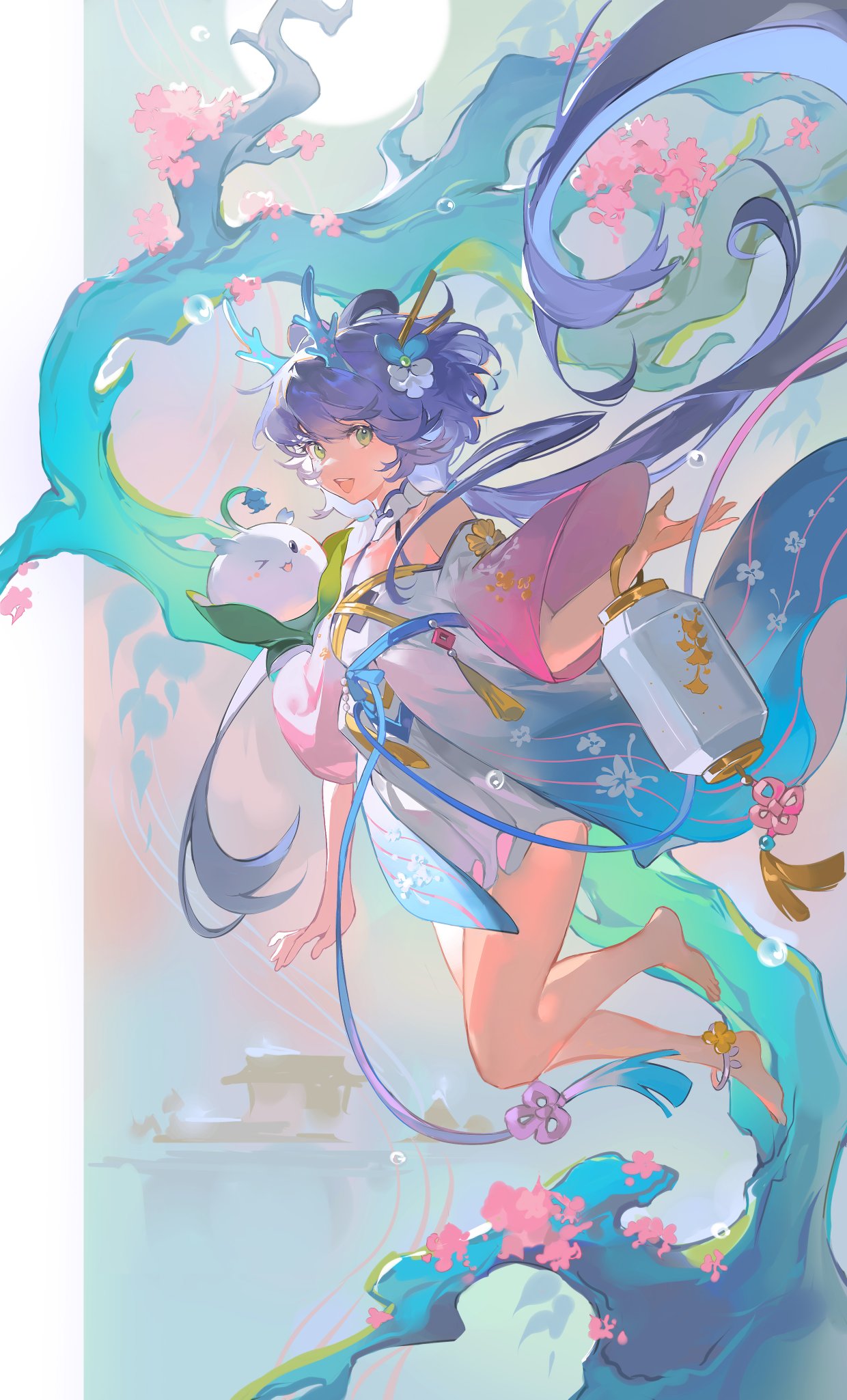 1girl anklet bare_legs bare_shoulders barefoot cherry_blossoms dragon_horns dress floral_print flower green_eyes hair_flower hair_ornament hair_stick highres horns jewelry lantern long_hair long_sleeves looking_at_viewer low_twintails luo_tianyi multicolored_clothes off-shoulder_dress off_shoulder open_mouth paper_lantern purple_hair smile teeth tian_dian tree twintails upper_teeth_only vocaloid wide_sleeves yunouou10