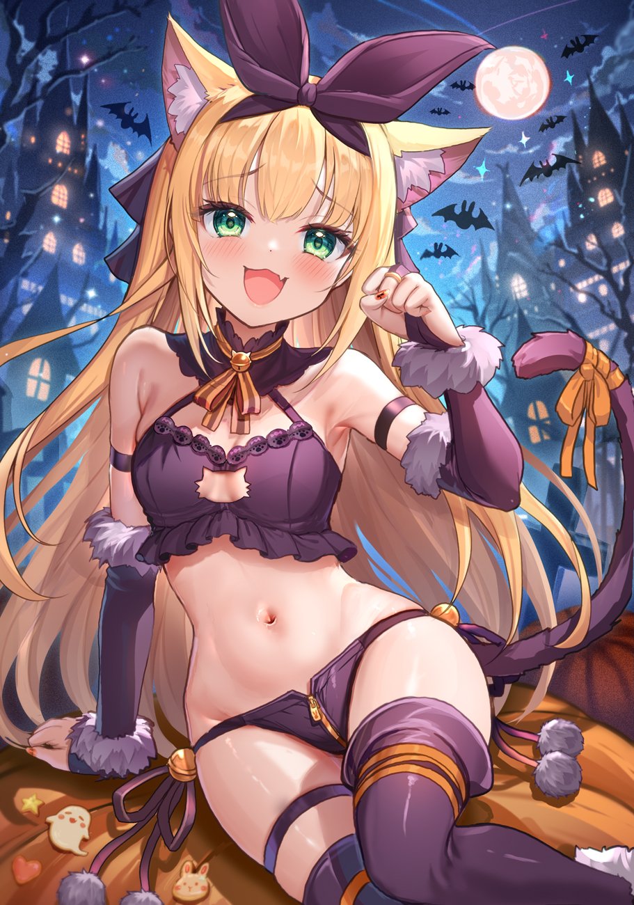 1girl akabane_(zebrasmise) animal_ears armband bare_shoulders bat_(animal) blush bow breasts cat_ears cat_girl cat_tail commentary_request detached_collar detached_sleeves elbow_gloves fur-trimmed_gloves fur-trimmed_legwear fur_trim gloves green_eyes halloween_costume highres long_hair looking_at_viewer medium_breasts moon open_mouth original outdoors panties partial_commentary purple_gloves purple_panties purple_tail purple_thighhighs revealing_clothes smile tail tail_bow tail_ornament thighhighs underwear