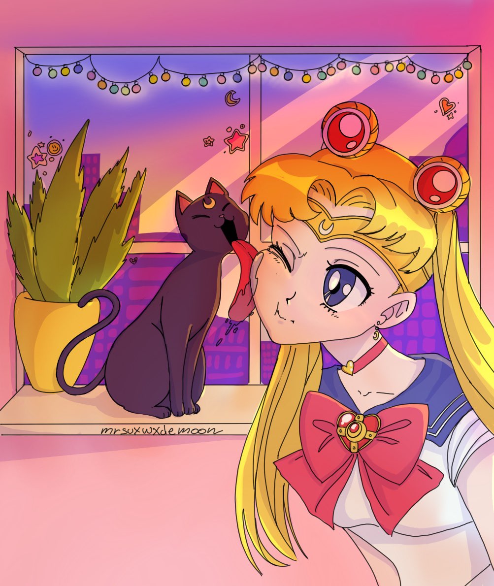 1girl bishoujo_senshi_sailor_moon building cat closed_eyes crescent earrings heart jewelry licking licking_another's_face luna_(sailor_moon) non-web_source one_eye_closed plant potted_plant sailor_moon sailor_senshi_uniform saliva saliva_trail skyscraper sunset tiara tsukino_usagi wet_face window