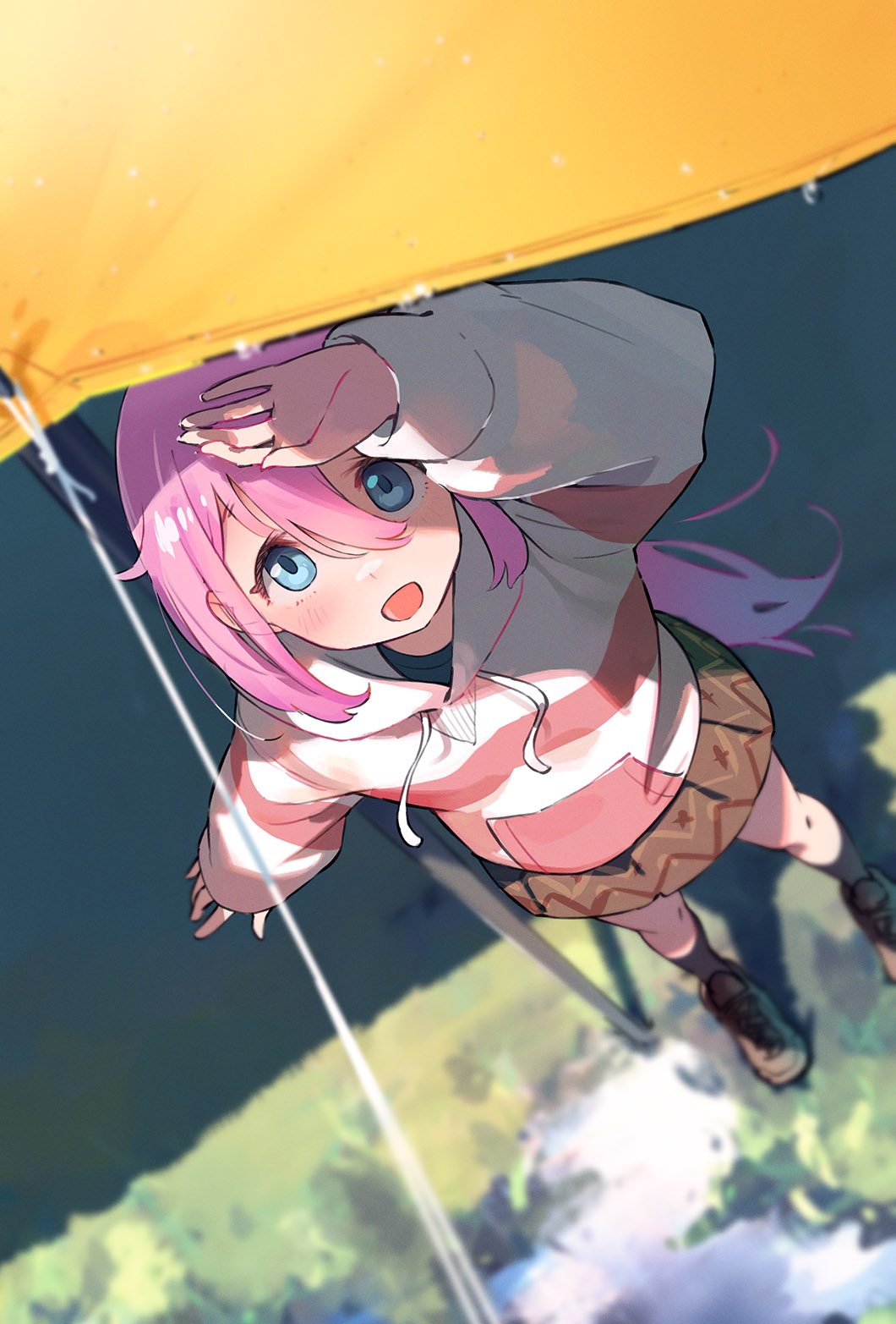 1girl blue_eyes blue_shirt brown_skirt hand_on_own_face highres hood hoodie kagamihara_nadeshiko long_sleeves looking_up minawa open_mouth pink_hair pink_hoodie shirt skirt solo two-tone_hoodie white_hoodie yurucamp