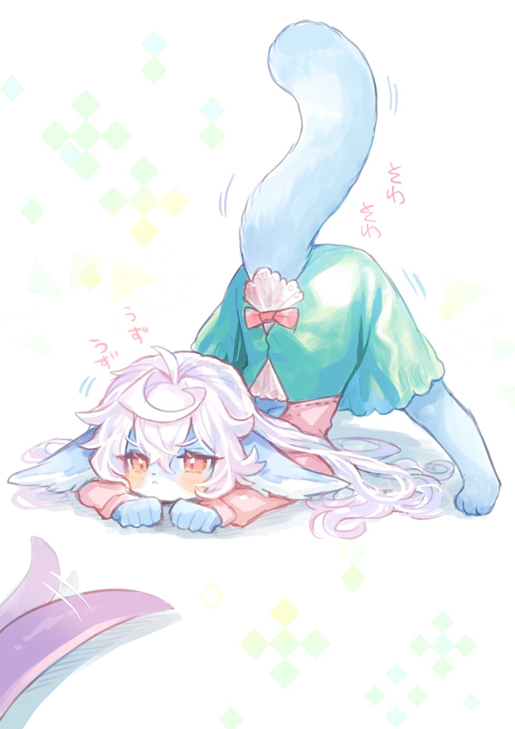 1girl aqua_dress arched_back blue_fur dress flexible furry furry_female hands_on_ground highres jack-o'_challenge long_hair long_sleeves looking_at_viewer original pink_sleeves pointy_ears red_eyes spread_legs white_hair wide_spread_legs yadayada