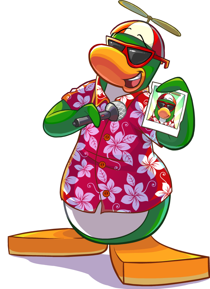 aloha_shirt avian bird clothing club_penguin eyewear full-length_portrait green_body hat headgear headwear holding_microphone holding_object holding_photo male microphone multicolored_clothing multicolored_headwear multicolored_shirt multicolored_topwear official_art open_mouth pattern_clothing pattern_shirt pattern_topwear penguin polaroid_photo portrait propeller_hat red_clothing red_headwear red_shirt red_topwear rookie_(club_penguin) shirt solo sunglasses topwear two_tone_clothing two_tone_headwear two_tone_shirt two_tone_topwear unknown_artist upper_teeth_only white_clothing white_headwear white_shirt white_topwear