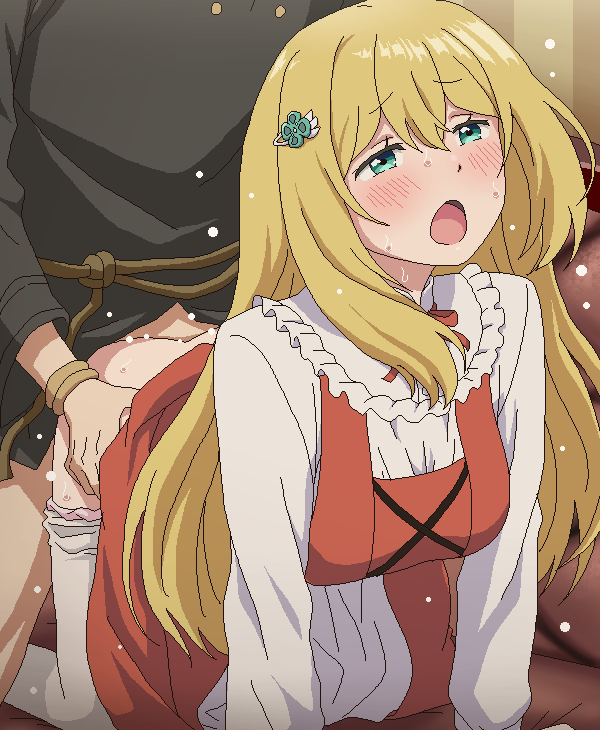 1boy 1girl all_fours blonde_hair blush clothed_sex clothes_pull commentary_request copyright_request doggystyle green_eyes hair_ornament long_hair long_sleeves open_mouth panties panty_pull pantyhose pantyhose_pull pink_panties sex sex_from_behind solo_focus tomu_(tomubobu) underwear white_pantyhose