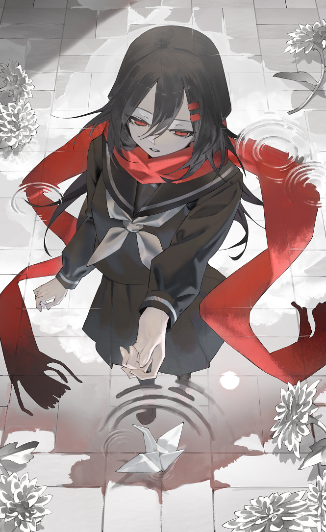 1girl additional_memory_(vocaloid) black_hair black_sailor_collar black_serafuku black_shirt black_skirt chrysanthemum cloud commentary day enpera expressionless flower fringe_trim from_above full_body hair_between_eyes hair_ornament hairclip kagerou_project leaf long_hair long_sleeves looking_ahead mi8pq origami outdoors paper_crane parted_lips partially_colored pavement pleated_skirt red_eyes red_scarf reflection reflective_water ripples sailor_collar scarf school_uniform serafuku shirt shoes single_stripe skirt solo standing striped sun tateyama_ayano water white_stripes