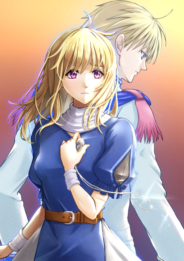 1boy 1girl ahoge back-to-back belt blonde_hair brother_and_sister cape chester_stoddart chiga_akira elena_stoddart jewelry necklace puffy_short_sleeves puffy_sleeves purple_eyes short_hair short_sleeves siblings simple_background ys ys_iii_wanderers_of_ys