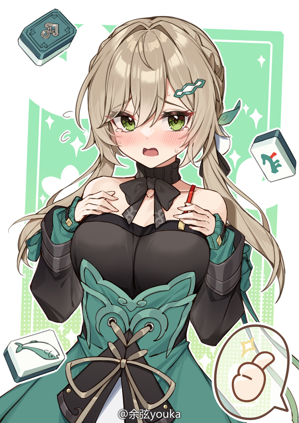 1girl bare_shoulders black_bow black_dress blush bow braid breasts brown_hair cleavage collarbone commentary_request detached_sleeves dress flying_sweatdrops green_dress green_eyes hair_between_eyes hair_intakes hair_ornament hairclip hands_up heart highres honkai:_star_rail honkai_(series) large_breasts long_hair long_sleeves low_twintails mahjong mahjong_tile open_mouth puffy_long_sleeves puffy_sleeves qingque_(honkai:_star_rail) sleeves_past_wrists solo spoken_thumbs_up tears twintails very_long_hair wavy_mouth yuxian_youka