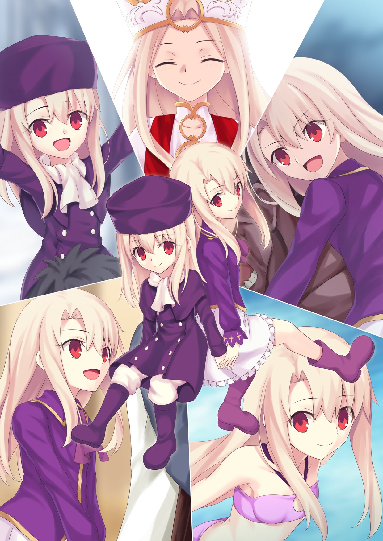 1girl ascot bikini boots breasts closed_eyes coat collared_shirt commentary_request fate/hollow_ataraxia fate/stay_night fate_(series) full_body fur_hat hat heracles_(fate) highres illyasviel_von_einzbern illyasviel_von_einzbern_(dress_of_heaven) long_hair looking_at_viewer morokoshi_(tekku) multiple_views open_mouth papakha pink_bikini pink_coat purple_footwear purple_headwear purple_shirt red_eyes scarf shirt skirt small_breasts smile swimsuit white_hair white_scarf white_skirt