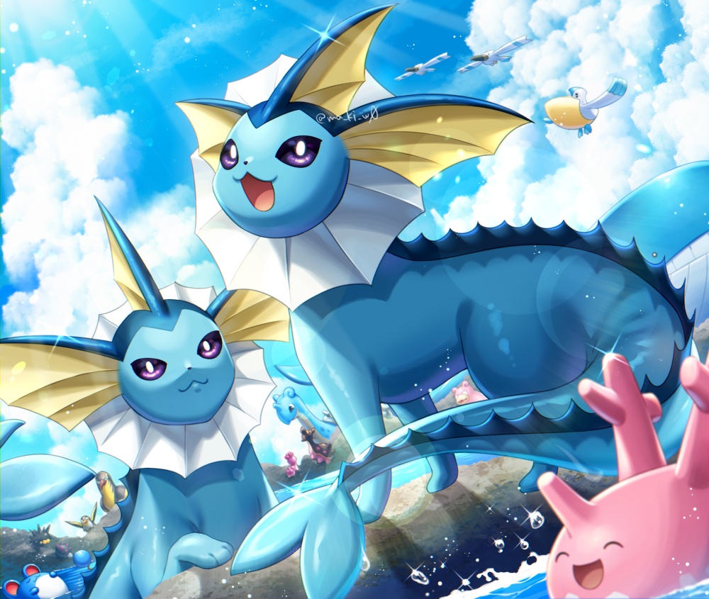 :3 :d bright_pupils cloud commentary_request corsola day gastrodon kamuinii kilowattrel lapras light_rays marill no_humans open_mouth outdoors pelipper pincurchin pokemon pokemon_(creature) purple_eyes shellos sky smile sparkle tongue vaporeon water water_drop wattrel white_pupils wingull