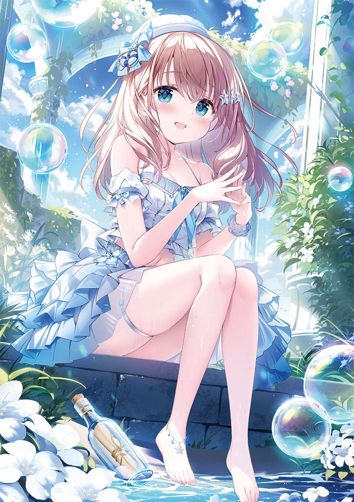 1girl :d bare_shoulders barefoot blue_bow blue_eyes blue_sky bottle bow breasts brown_hair camisole cleavage cloud commentary_request day detached_sleeves frilled_skirt frills hair_ornament kimishima_ao long_hair medium_breasts message_in_a_bottle momoi_saki original outdoors plant puffy_short_sleeves puffy_sleeves see-through short_sleeves skindentation skirt sky smile soap_bubbles solo star_(symbol) star_hair_ornament steepled_fingers water white_camisole white_headwear white_skirt white_sleeves