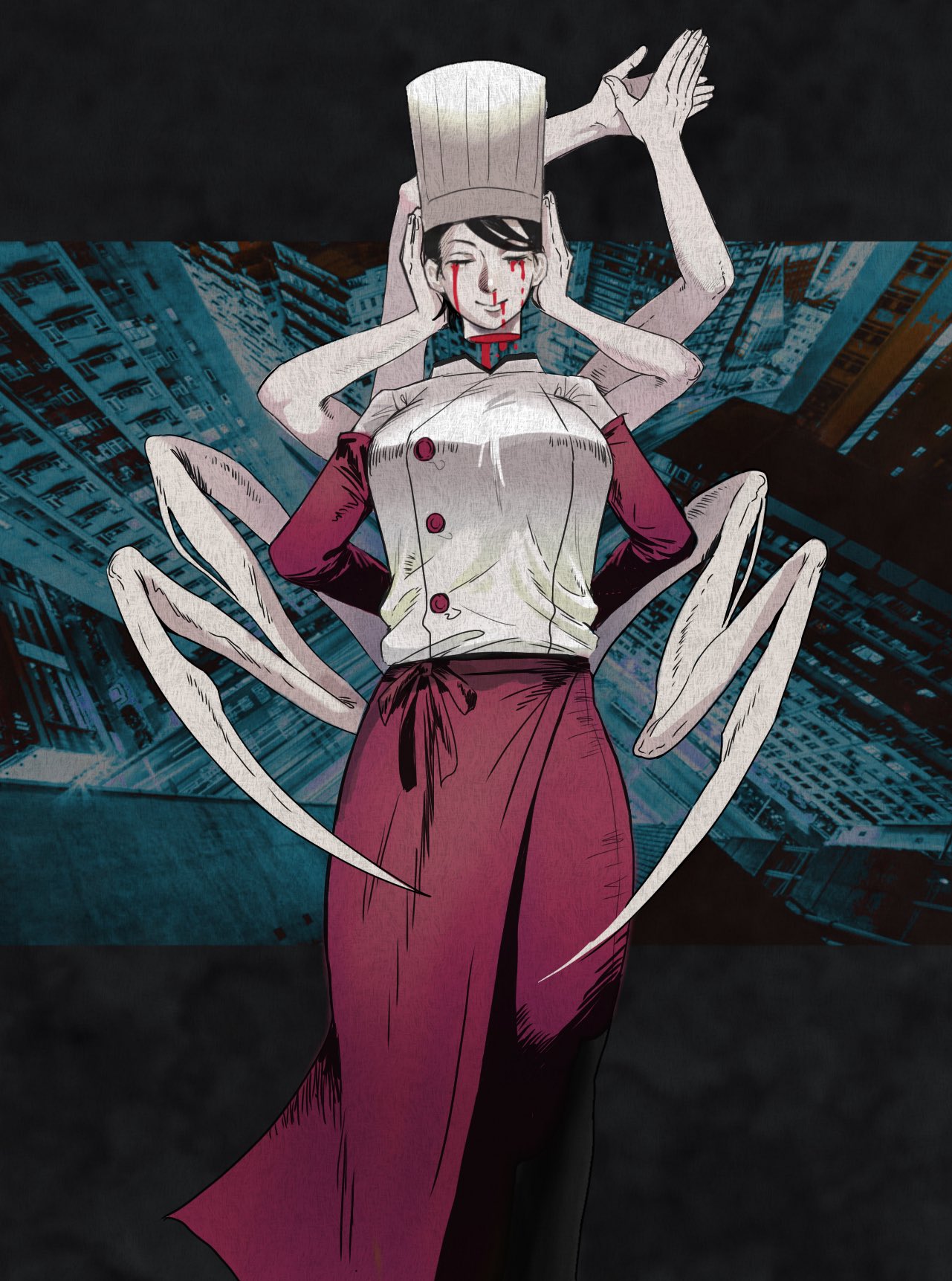 1girl apron arms_behind_back black_hair blood blood_from_eyes blood_from_mouth blood_on_face breasts buttons chainsaw_man chef chef_hat closed_eyes closed_mouth decapitation extra_arms falling_devil_(chainsaw_man) hat highres large_breasts mojiba7 nosebleed short_hair smile