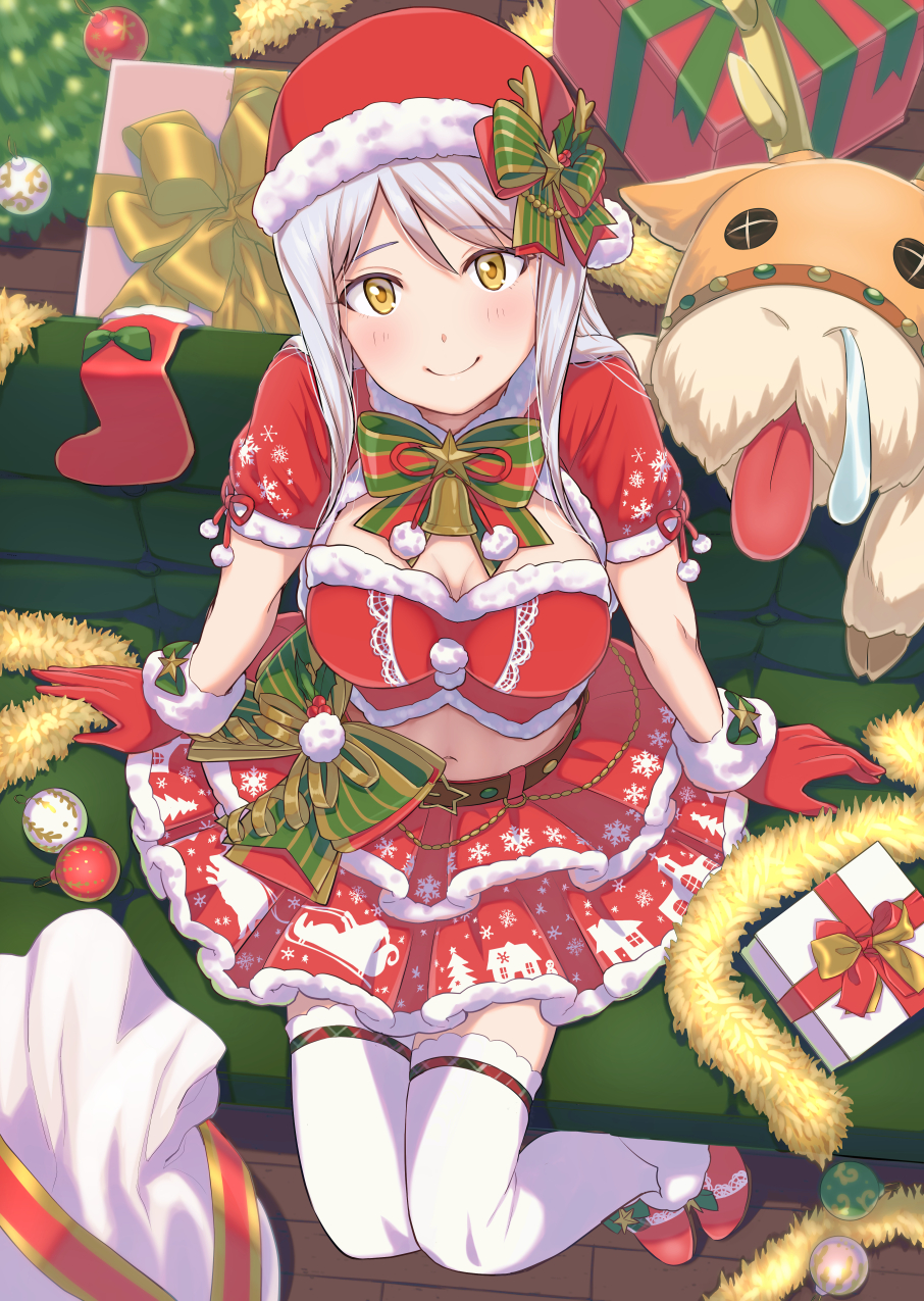 1girl bell blush box breasts capelet christmas christmas_ornaments cleavage closed_mouth couch cowbell crop_top eve_santaclaus gift gift_box gloves hair_ornament hat highres idolmaster idolmaster_cinderella_girls idolmaster_cinderella_girls_starlight_stage long_hair looking_at_viewer looking_up medium_breasts merry_christmas navel nonono_(1399900) red_capelet red_skirt reindeer santa_costume santa_hat sitting skirt smile snot snowflakes solo thighhighs white_hair yellow_eyes zettai_ryouiki