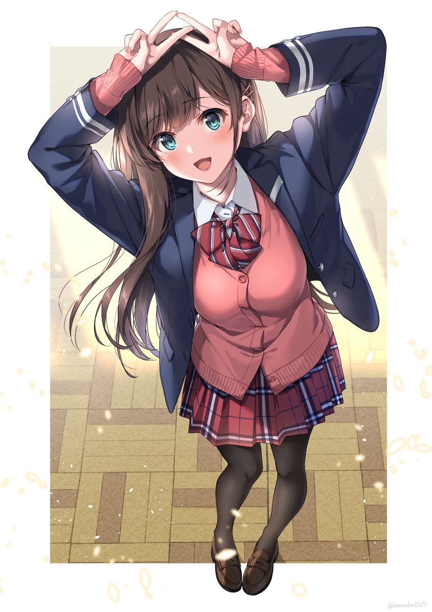 1girl arms_up black_pantyhose blazer blue_eyes blue_jacket blush bow bowtie breasts brown_hair buttons cardigan collared_shirt commentary_request double_v dress_shirt fingernails from_above full_body hair_ornament hairclip highres jacket light_particles long_hair long_sleeves looking_at_viewer loose_bowtie medium_breasts open_clothes open_jacket open_mouth original pantyhose pink_cardigan plaid plaid_bow plaid_bowtie plaid_skirt pleated_skirt school_uniform shirt skirt smile solo tile_floor tiles unasaka_ryou v white_shirt