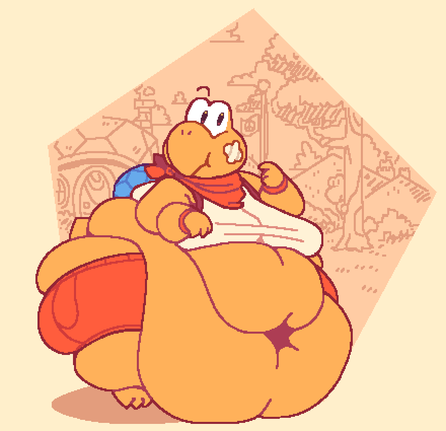 anthro bandage clothed clothing eyebrows huge_belly koopa kooper male mario_bros moobs morbidly_obese morbidly_obese_anthro morbidly_obese_male navel nintendo obese obese_anthro obese_male overweight overweight_anthro overweight_male paper_mario paper_mario_(2000) plant raised_eyebrow roundedpentagon scalie scarf solo standing tree