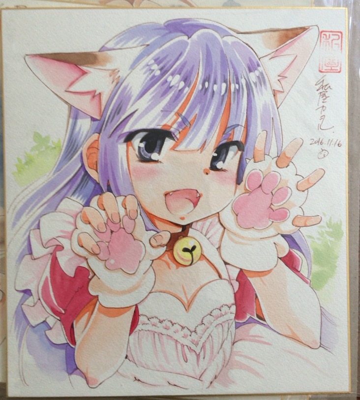 1girl animal_ear_fluff animal_ears animal_hands apron bell black_eyes blush breasts cat_ears claw_pose cleavage commentary_request dress fangs fingerless_gloves gloves jingle_bell kagami_kuro kodomo_no_jikan long_hair looking_at_viewer neck_bell open_mouth painting_(medium) paw_gloves photo_(medium) purple_hair red_dress shikishi short_sleeves solo traditional_media upper_body watashiya_kaworu watercolor_(medium)