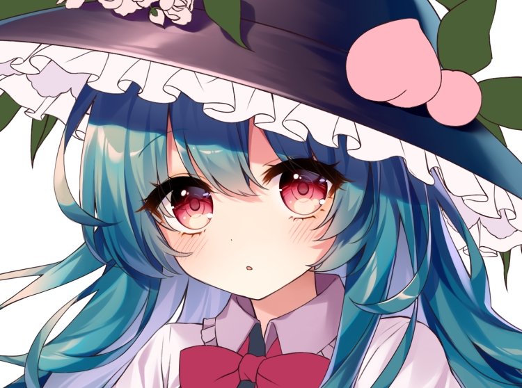1girl black_headwear blue_hair bow bowtie commentary food frilled_hairband frills fruit hairband hinanawi_tenshi leaf long_hair looking_at_viewer open_mouth peach pudding_(skymint_028) red_bow red_bowtie red_eyes simple_background solo touhou upper_body white_background