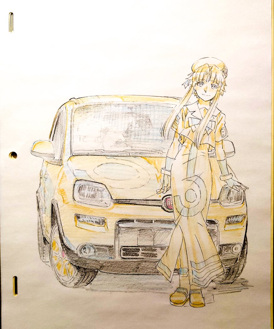 1girl aria_(manga) aria_company_uniform beret blue_gloves blue_ribbon bow bowtie car check_vehicle cwind dress eyelashes fiat fiat_panda fingerless_gloves full_body gloves hair_tubes hat hat_ribbon long_dress looking_at_viewer mizunashi_akari motor_vehicle parted_bangs print_dress ribbon short_hair_with_long_locks short_sleeves simple_background sketch smile solo spot_color standing traditional_media vehicle_request