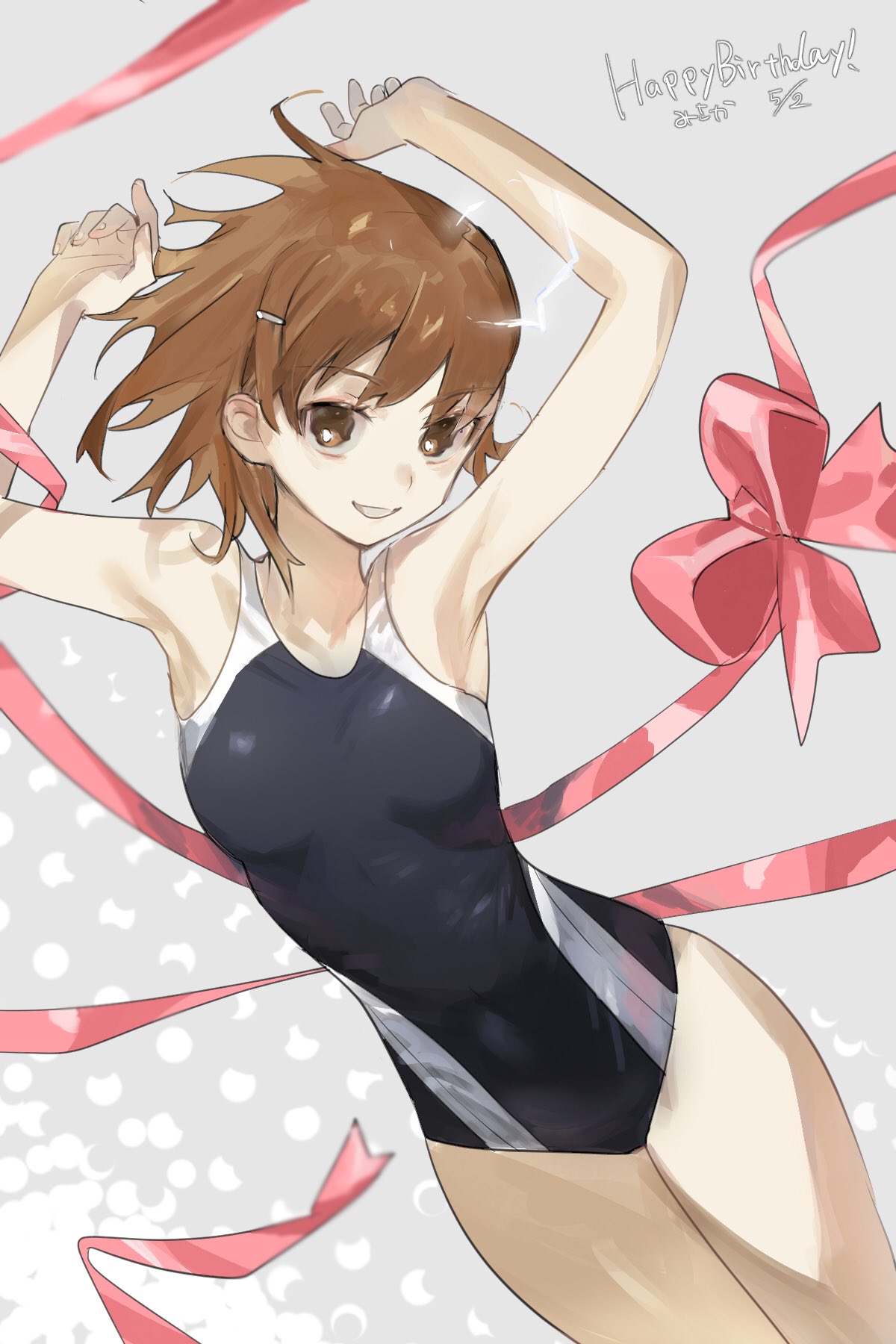 1girl arms_up black_swimsuit breasts brown_eyes brown_hair competition_swimsuit cowboy_shot happy_birthday highres misaka_mikoto one-piece_swimsuit pink_ribbon ribbon short_hair small_breasts solo swimsuit talesofmea toaru_kagaku_no_railgun toaru_majutsu_no_index tokiwadai_school_swimsuit