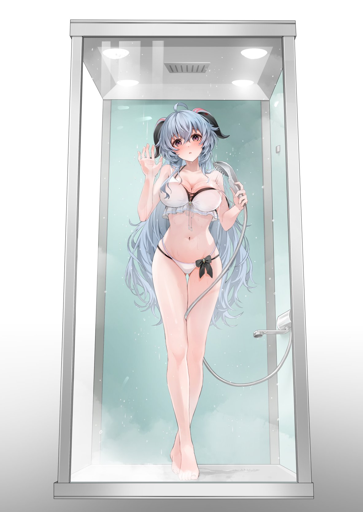1girl against_glass ahoge ass_visible_through_thighs bare_shoulders barefoot between_legs bikini black_bikini blue_hair blush breasts ceiling_light cleavage collarbone condensation feet full_body ganyu_(genshin_impact) genshin_impact goat_horns grate hair_between_eyes hand_on_glass highres holding holding_shower_head horns large_breasts layered_bikini legs long_hair looking_at_viewer moguta_(moguta9) navel off_shoulder parted_lips purple_eyes shower_(place) shower_head showering solo standing steam stomach strap_slip swimsuit thigh_gap thighs toes vent_(object) very_long_hair wet white_bikini