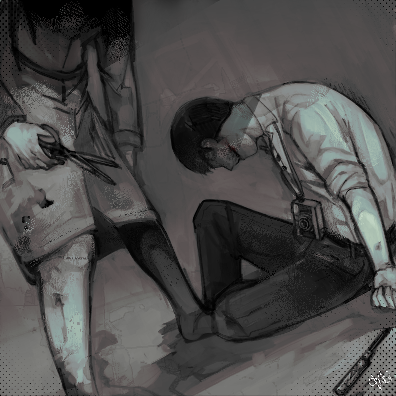 1boy 1girl barefoot black_hair blood blood_on_face brown_background camera coat collared_shirt cropped_head glasgow_smile greyscale head_down holding holding_weapon injury kouji_tagawa leaning_forward monochrome scissor_woman_(world_of_horror) scissors screwdriver shirt short_hair simple_background sitting weapon world_of_horror xqxbi