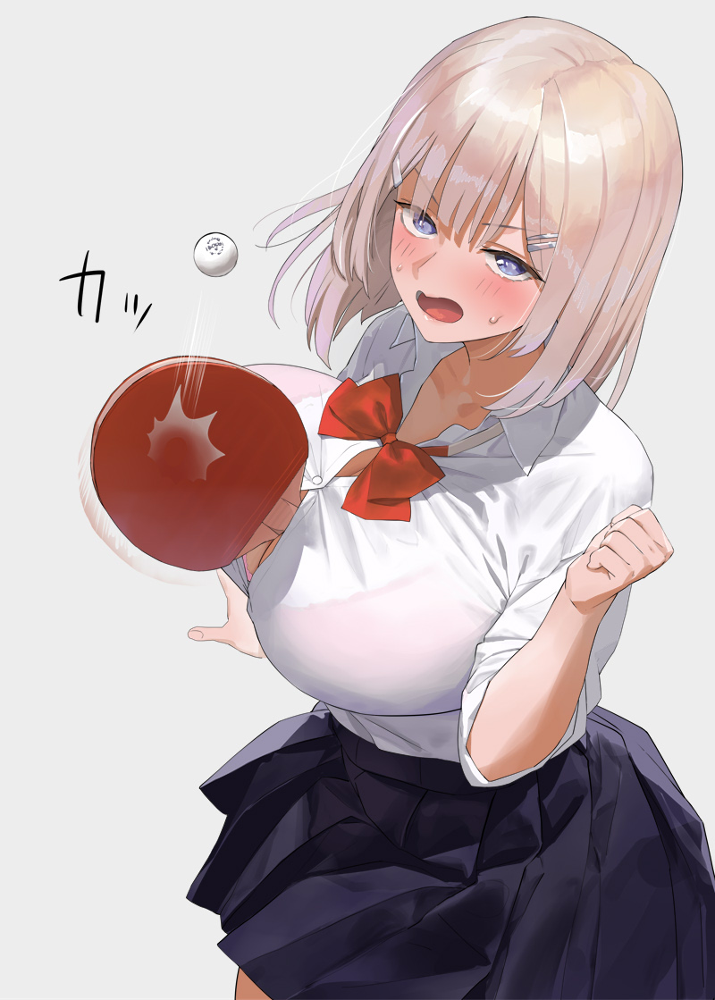 1girl between_breasts black_skirt blonde_hair blue_eyes blush bow bowtie bra_visible_through_clothes breasts button_gap collared_shirt commentary_request grey_background hair_ornament hairclip kaisen_chuui large_breasts long_sleeves looking_at_viewer medium_hair open_mouth original paddle pleated_skirt red_bow red_bowtie school_uniform shirt shirt_tucked_in simple_background skirt solo table_tennis_paddle white_shirt