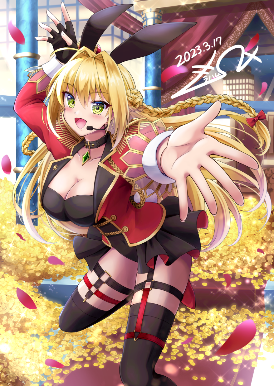 1girl animal_ears black_collar black_thighhighs blush bow braid breasts coin collar covered_navel crown dated fate/grand_order fate_(series) fingerless_gloves garter_straps gloves gold_coin green_eyes gu-rahamu_omega_x hair_bow headset highres large_breasts long_sleeves mini_crown nero_claudius_(fate) nero_claudius_(return_match)_(fate) official_alternate_costume open_mouth rabbit_ears reaching reaching_towards_viewer red_bow showgirl_skirt single_fingerless_glove solo thighhighs