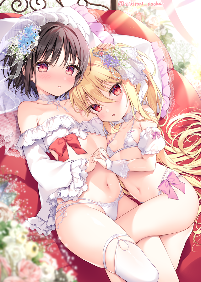 2girls :o :p bikini black_hair blonde_hair blue_flower blurry blurry_foreground breasts commentary_request depth_of_field flower frilled_pillow frilled_sleeves frills hair_between_eyes hand_on_another's_head long_hair long_sleeves lying multiple_girls on_back on_side original parted_lips pillow pink_flower pink_rose purple_flower red_eyes rose shikitani_asuka small_breasts swimsuit thighhighs tiara tongue tongue_out twitter_username very_long_hair white_bikini white_flower white_thighhighs wide_sleeves